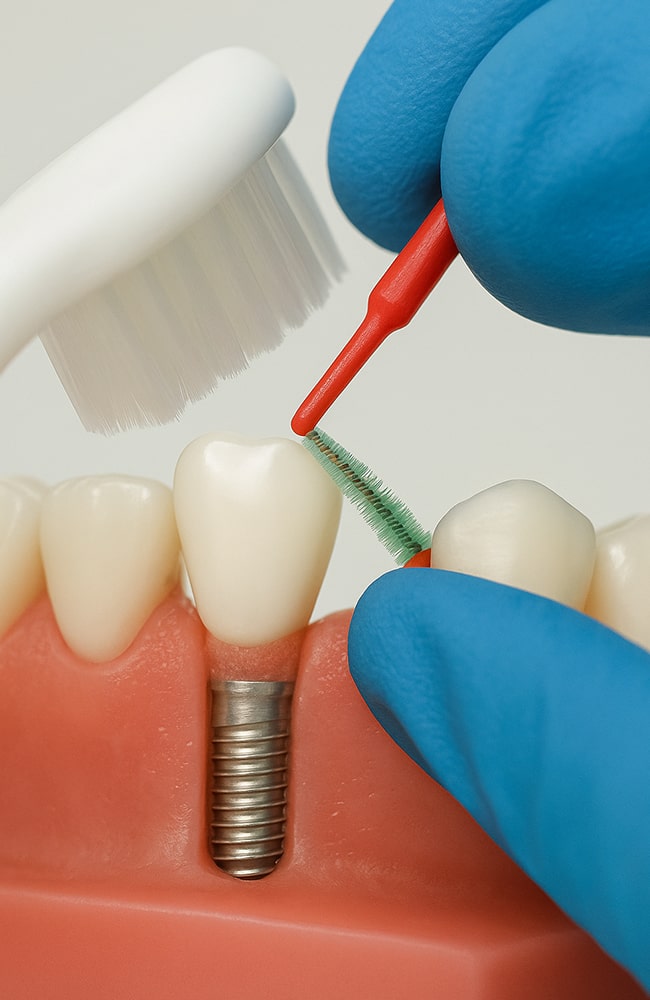 نموذج توضيحي لتفريش الأسنان المزروعة باستخدام الفرشاة العادية والفرشاة بين السنية للعناية بالزرعة والدعامة.