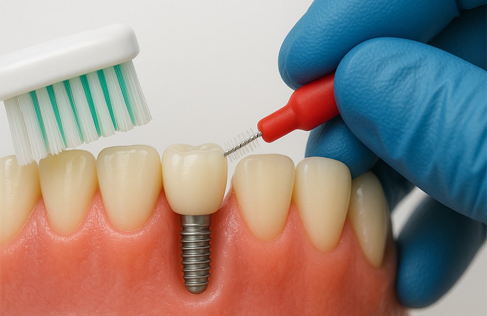 نموذج توضيحي لتفريش الأسنان المزروعة باستخدام الفرشاة العادية والفرشاة بين السنية للعناية بالزرعة والدعامة