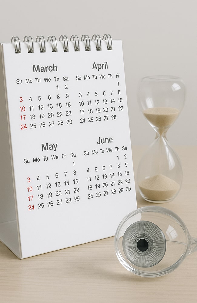 تقويم وساعة رملية وعين زجاجية، ترمز إلى انتظار فترة 3–6 أشهر لتقييم إمكانية إجراء تعزيز (Enhancement) لعملية تصحيح النظر بالليزر بعد استقرار القياسات