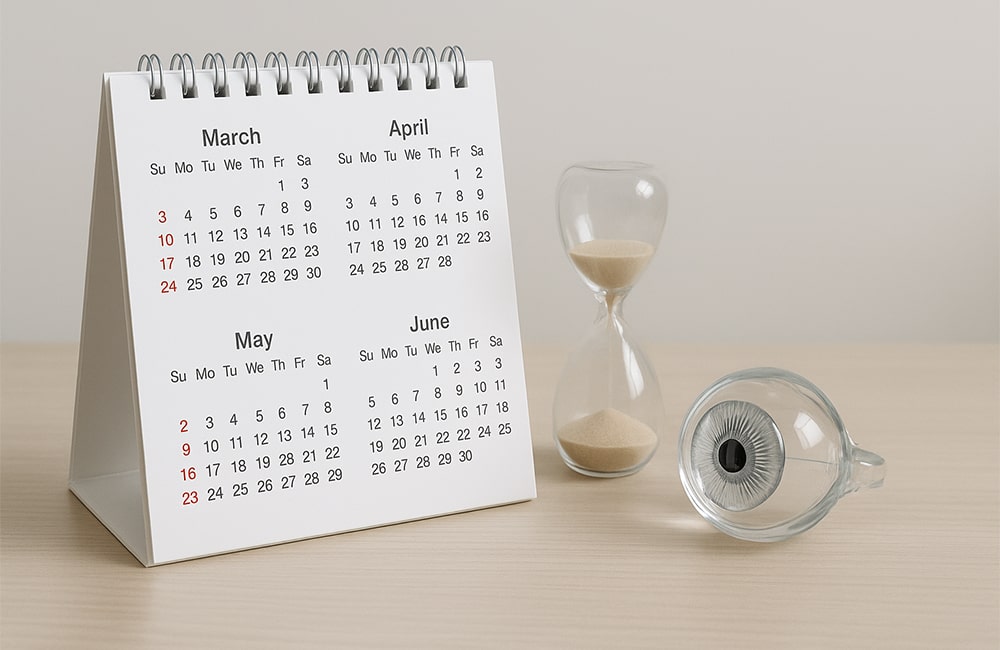 تقويم وساعة رملية وعين زجاجية، ترمز إلى انتظار فترة 3–6 أشهر لتقييم إمكانية إجراء تعزيز (Enhancement) لعملية تصحيح النظر بالليزر بعد استقرار القياسات.