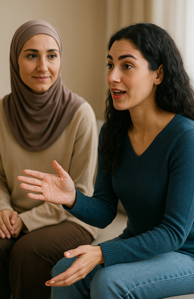 امرأتان تجلسان على أريكة في محادثة جادة؛ إحداهما محجبة تستمع والأخرى تتحدث بتعبير صادق