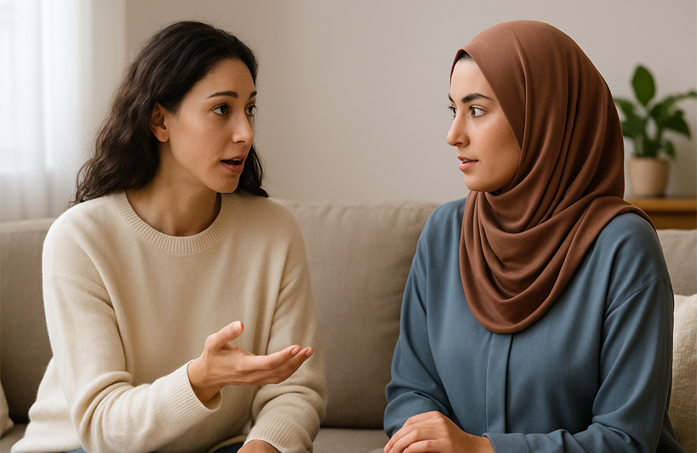 امرأتان تجلسان على أريكة في محادثة جادة؛ إحداهما محجبة تستمع والأخرى تتحدث بتعبير صادق