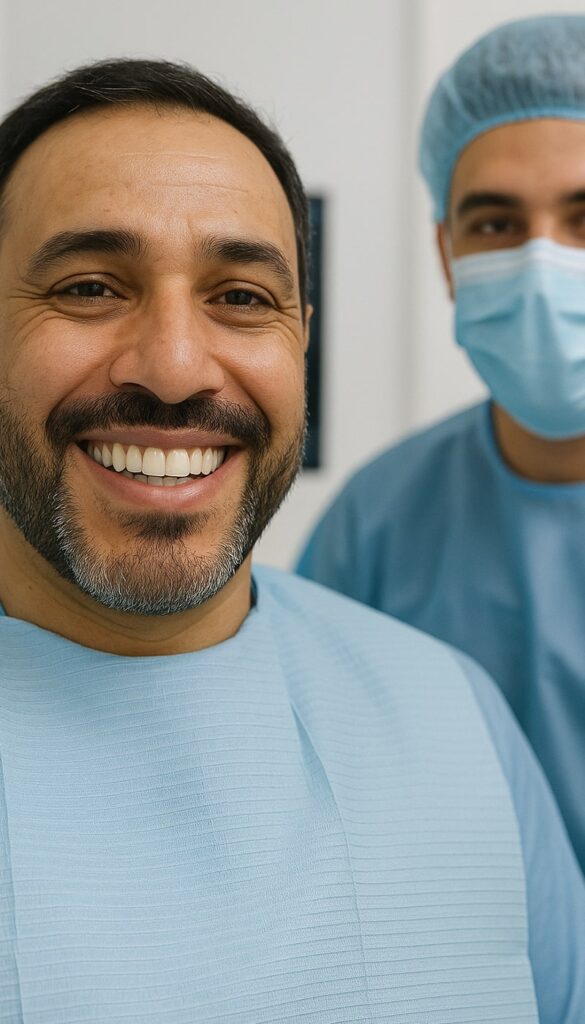 ابتسامة رجل بعد زراعة الأسنان في عيادة حديثة بالعراق، طبيب الأسنان يظهر في الخلفية.