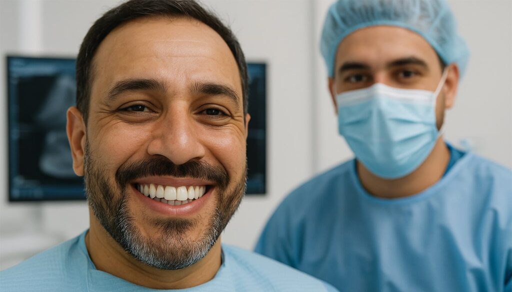 ابتسامة رجل بعد زراعة الأسنان في عيادة حديثة بالعراق، طبيب الأسنان يظهر في الخلفية.