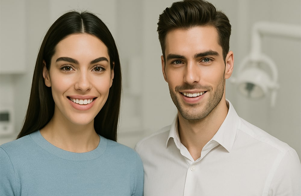صورة مزدوجة لرجل وامرأة يبتسمان بثقة بعد زراعة الأسنان، للدلالة على أن الإجراء مناسب لكل من الجنسين