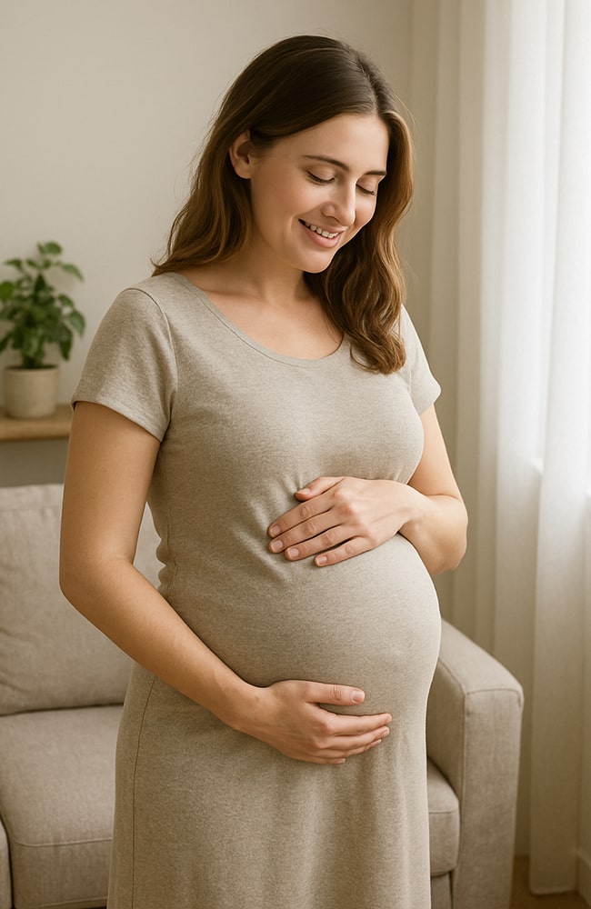 امرأة حامل تبتسم وهي تلمس بطنها بحنان في غرفة مضيئة مريحة