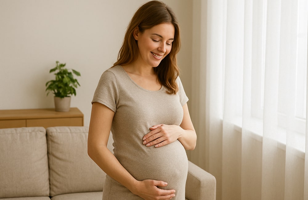 امرأة حامل تبتسم وهي تلمس بطنها بحنان في غرفة مضيئة مريحة