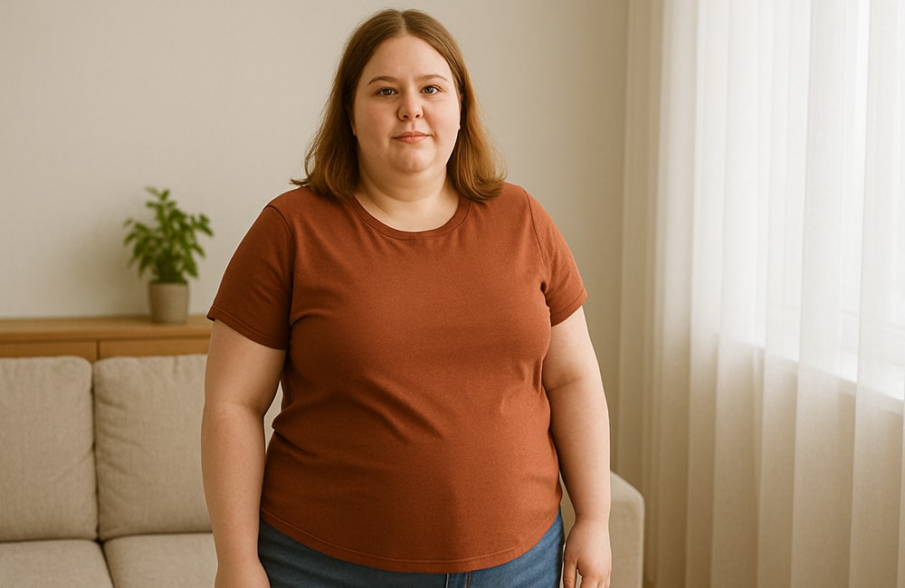 امرأة ممتلئة القوام تقف في غرفة منزلية مشرقة، تنظر إلى الكاميرا بتعبير هادئ.