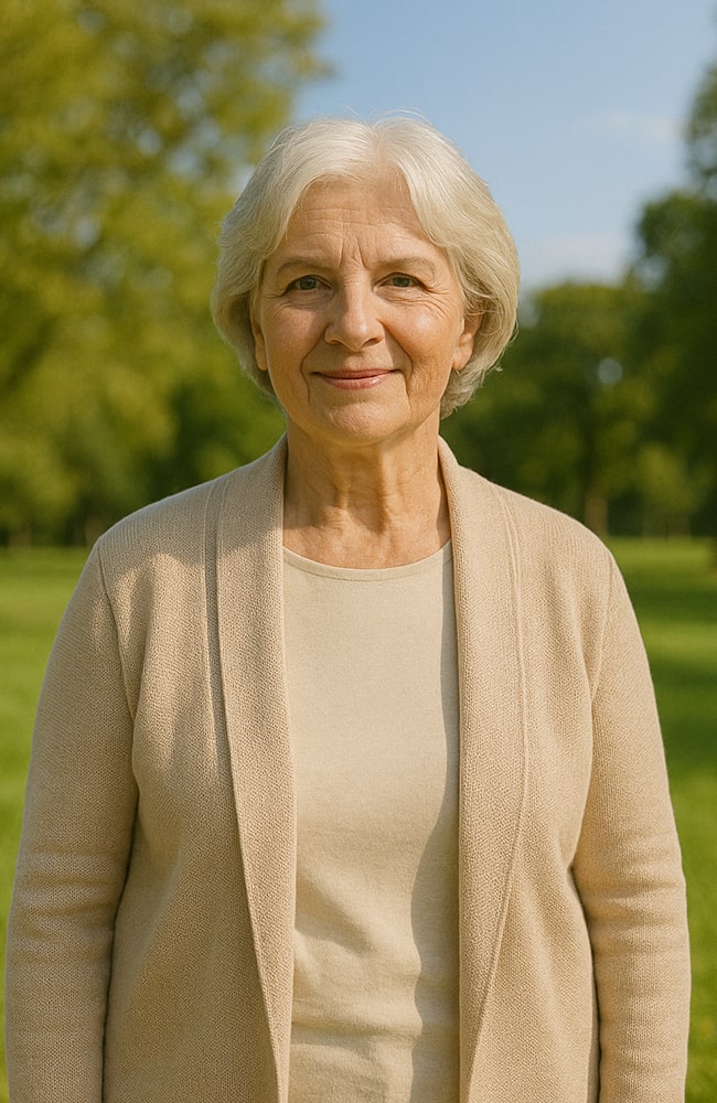 امرأة ناضجة بشَعرٍ رمادي تبتسم بثقة في حديقة خضراء تحت أشعة الشمس