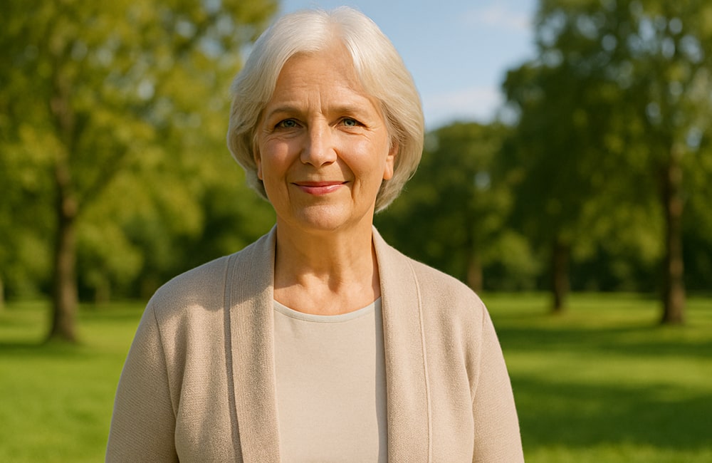 امرأة ناضجة بشَعرٍ رمادي تبتسم بثقة في حديقة خضراء تحت أشعة الشمس