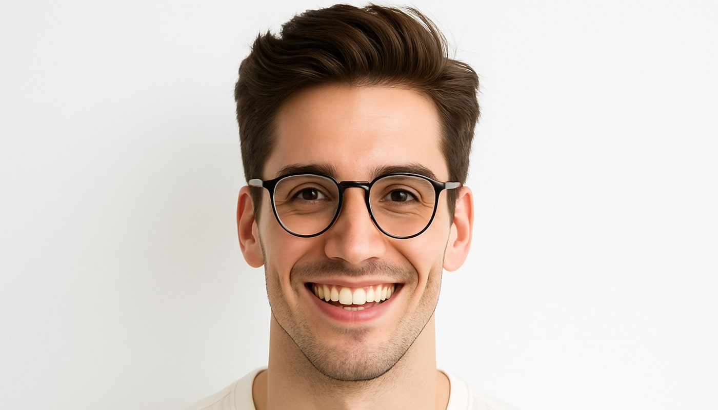 شاب يبتسم بنظارات، قبل إجراء تصحيح البصر الانكساري