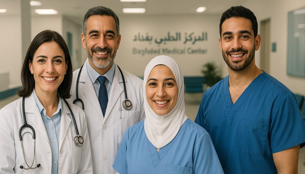 فريق أطباء متخصصين يرحبون بالمرضى في المركز الطبي في بغداد