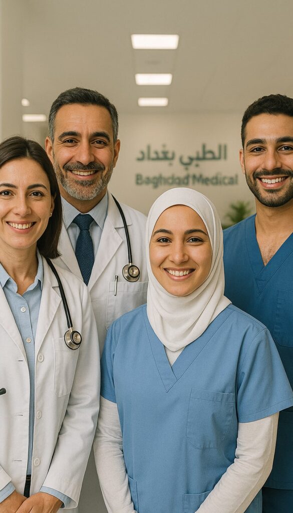 فريق أطباء متخصصين يرحبون بالمرضى في المركز الطبي في بغداد