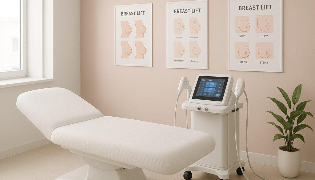 غرفة طبية حديثة مجهزة لجراحة أو علاج شدّ الثدي، تحتوي على سرير فحص وجهاز تجميلي متطور