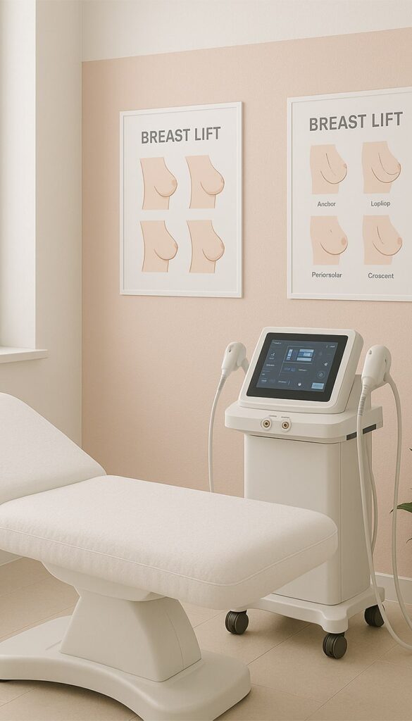 غرفة طبية حديثة مجهزة لجراحة أو علاج شدّ الثدي، تحتوي على سرير فحص وجهاز تجميلي متطور