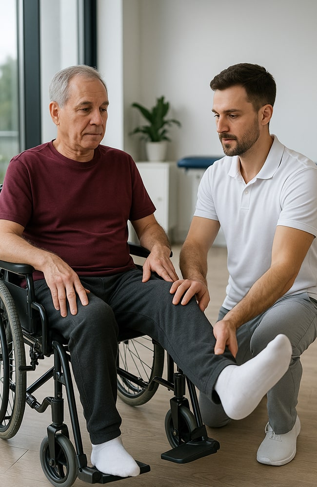 جلسة علاج طبيعي لمريض على كرسي متحرك بعد جراحة العظام