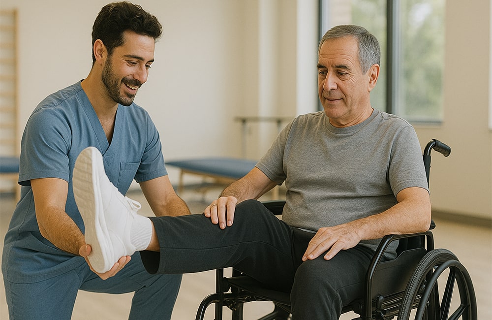 جلسة علاج طبيعي لمريض على كرسي متحرك بعد جراحة العظام