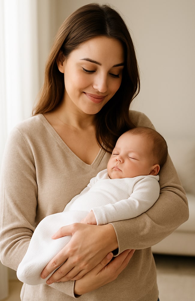 أم شابة تحمل طفلها الرضيع بين ذراعيها وتبتسم بحنان داخل غرفة منزلية دافئة