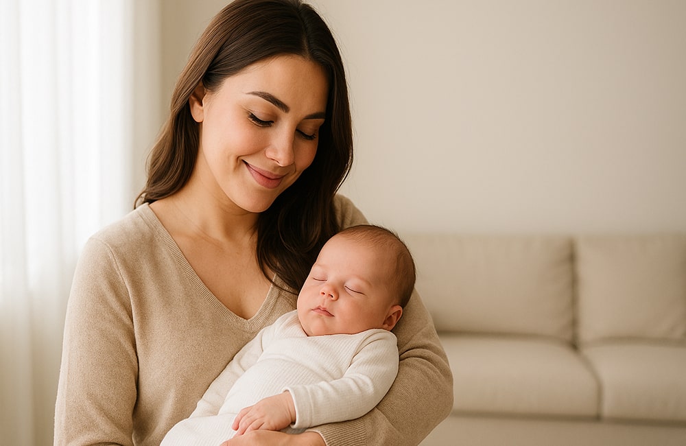 أم شابة تحمل طفلها الرضيع بين ذراعيها وتبتسم بحنان داخل غرفة منزلية دافئة
