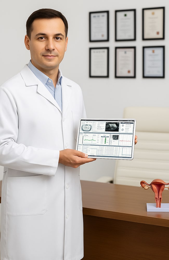 طبيب إنجاب متخصص يعرض تقارير طبية لحالة تأجير رحم على جهاز لوحي، مع نماذج لتشريح الرحم وشهادات تخصص في الخلفية.