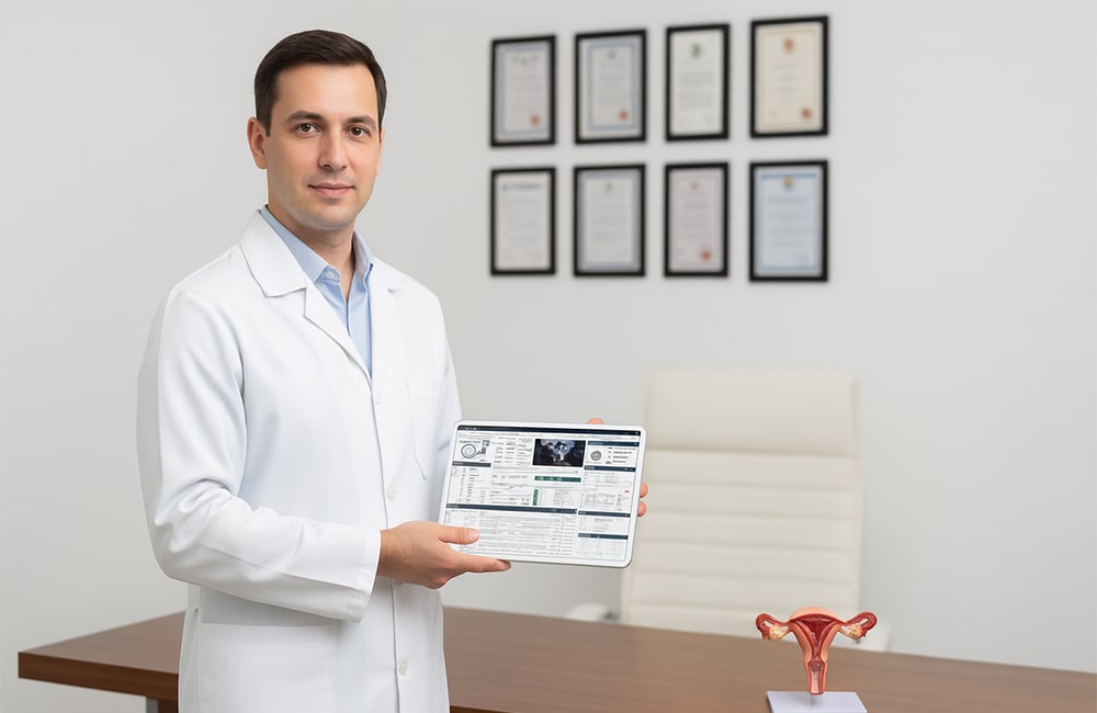 طبيب إنجاب متخصص يعرض تقارير طبية لحالة تأجير رحم على جهاز لوحي، مع نماذج لتشريح الرحم وشهادات تخصص في الخلفية.