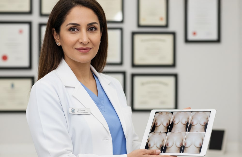 جراحة تجميلية تعرض صورًا قبل وبعد تصغير الثدي على جهاز لوحي في عيادتها