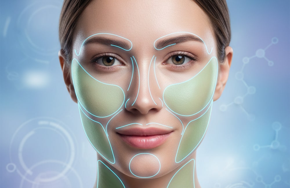 صورة مقربة لوجه امرأة شابة مبتسمة ذات بشرة نضرة. تظهر على الوجه خطوط زرقاء متوهجة تحدد مناطق الحقن التجميلية الرئيسية مثل الخدين، والذقن، وحول الأنف والفك. الخلفية ذات تدرج لوني أزرق بنفسجي مع عناصر بيانية علمية