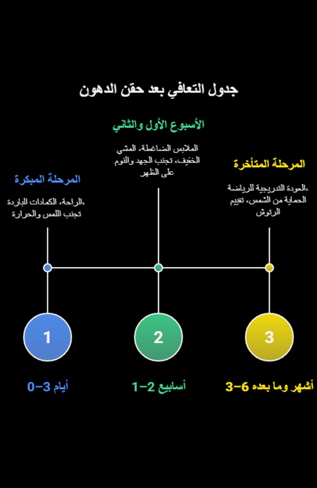 مخطط زمني (إنفوجرافيك) أفقي يوضح مراحل التعافي بعد حقن الدهون مقسمة إلى ثلاث مراحل: المرحلة المبكرة (0-3 أيام)، الأسبوع الأول والثاني (1-2 أسبوع)، والمرحلة المتأخرة (3-6 أشهر وما بعدها)، مع إدراج تعليمات الرعاية لكل مرحلة