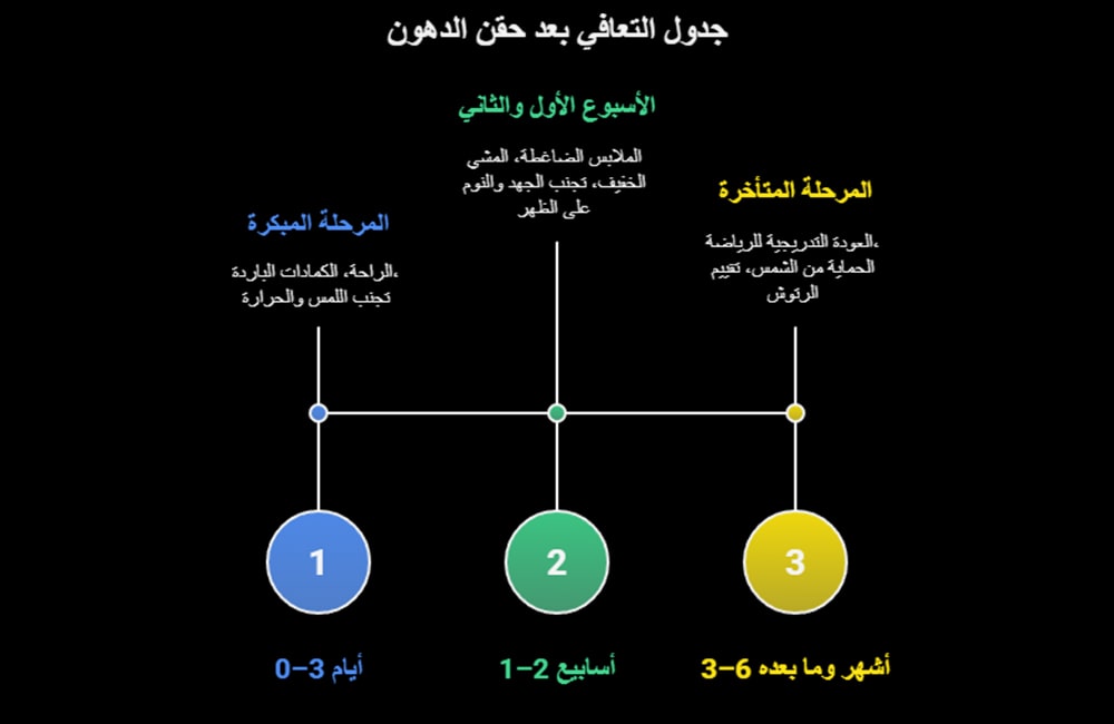 مخطط زمني (إنفوجرافيك) أفقي يوضح مراحل التعافي بعد حقن الدهون مقسمة إلى ثلاث مراحل: المرحلة المبكرة (0-3 أيام)، الأسبوع الأول والثاني (1-2 أسبوع)، والمرحلة المتأخرة (3-6 أشهر وما بعدها)، مع إدراج تعليمات الرعاية لكل مرحلة