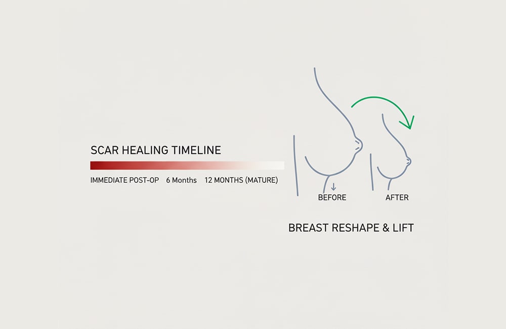 إنفوغراف يوضح جدول زمني لشفاء ندوب تصغير الثدي وتغير شكل الثدي ورفعه بعد الجراحة.