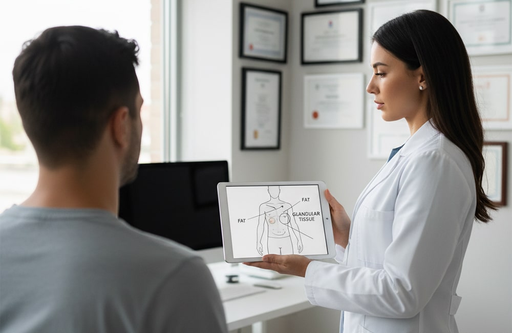 طبيبة تشرح لمريض خيارات علاج التثدي للرجال باستخدام رسم تخطيطي يوضح الأنسجة الدهنية والغدية