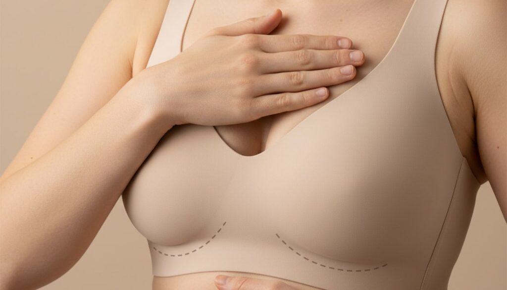 صورة مقربة لامرأة ترتدي حمالة صدر طبية مع خطوط جراحية لتصغير الثدي