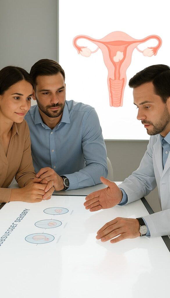 زوجان يستشيران طبيب خصوبة حول عملية تأجير الرحم، مع توضيح تشريحي للرحم في الخلفية، يرمز للتخطيط الطبي الدقيق