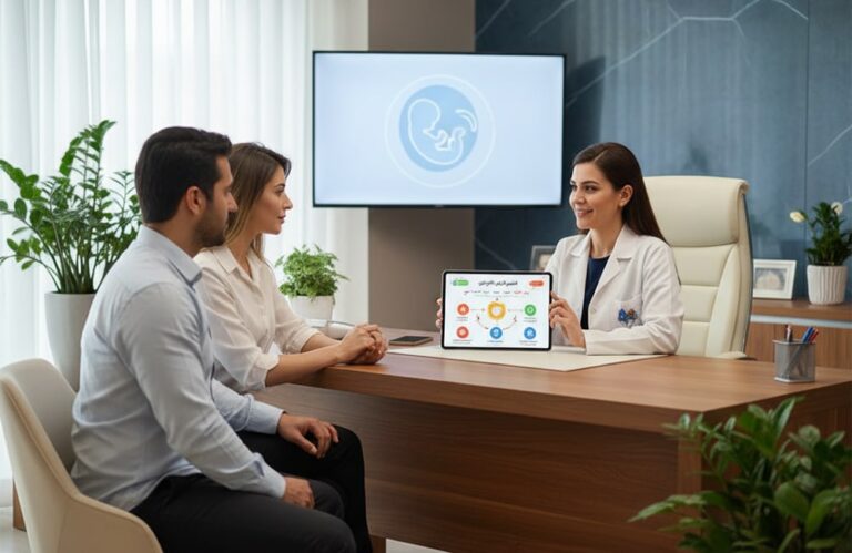 طبيبة متخصصة تشرح مراحل عملية تأجير الرحم في إيران لزوجين، باستخدام جهاز لوحي يعرض مخططًا تفصيليًا للخطوات الطبية والقانونية.