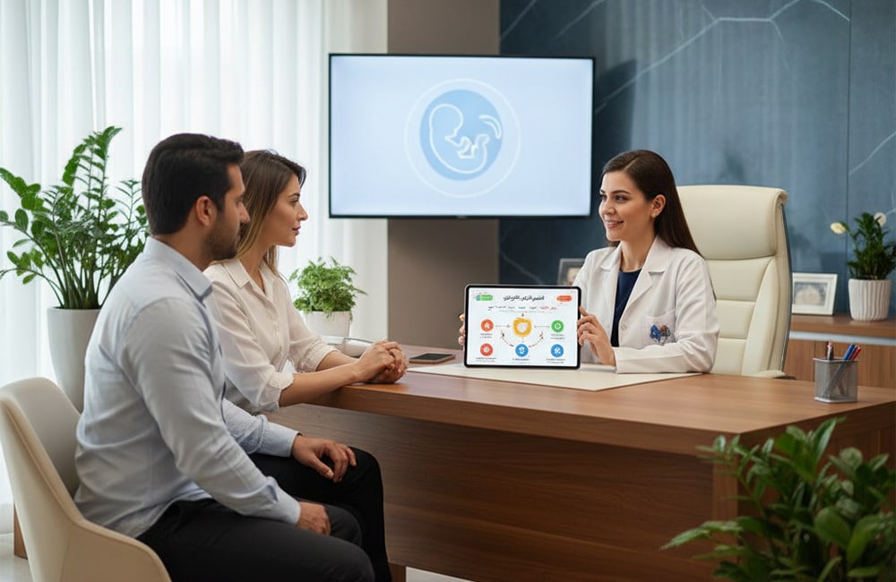 طبيبة متخصصة تشرح مراحل عملية تأجير الرحم في إيران لزوجين، باستخدام جهاز لوحي يعرض مخططًا تفصيليًا للخطوات الطبية والقانونية.