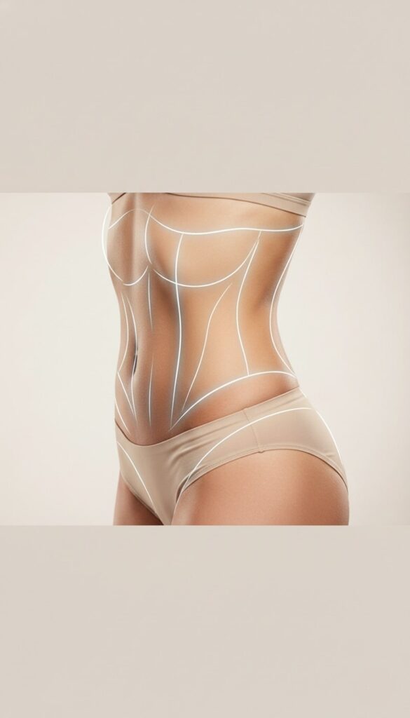 صورة فنية عمودية تظهر خطوط الكونتور على خصر وجذع امرأة، للدلالة على نحت الجسم وإزالة الدهون الموضعية