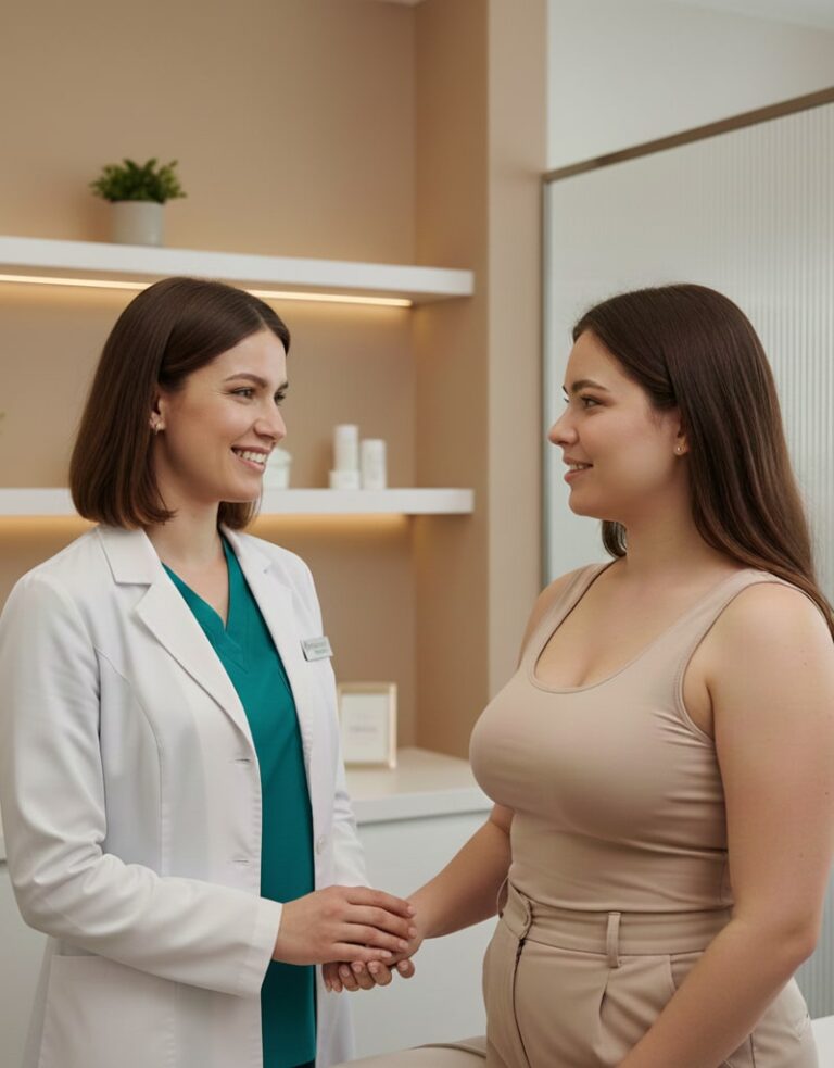 صورة تُظهر طبيبة مبتسمة وهي تجري استشارة أولية مع مريضة قبل عملية شفط الدهون وتنسيق القوام.