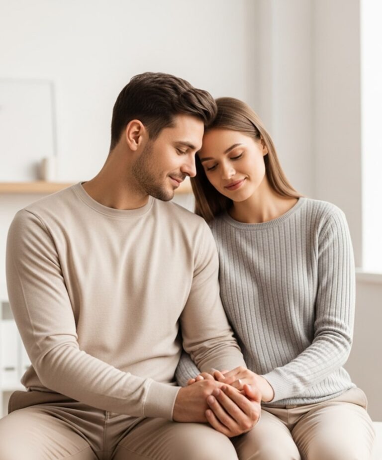 صورة تُظهر زوجين يمسكان أيدي بعضهما بتفاؤل، للدلالة على الدعم العاطفي في رحلة تأجير الأرحام والإنجاب.